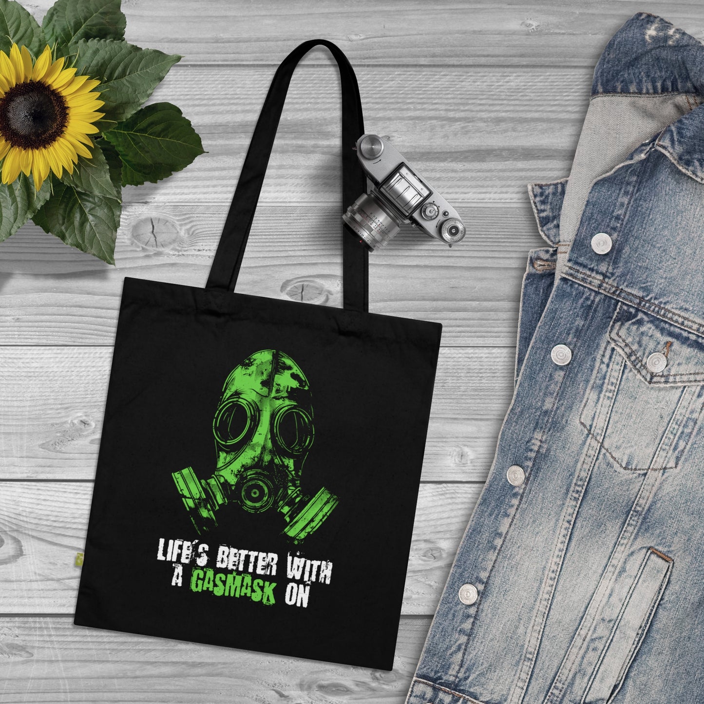 Canvas bag Life is better with a gasmask on in green