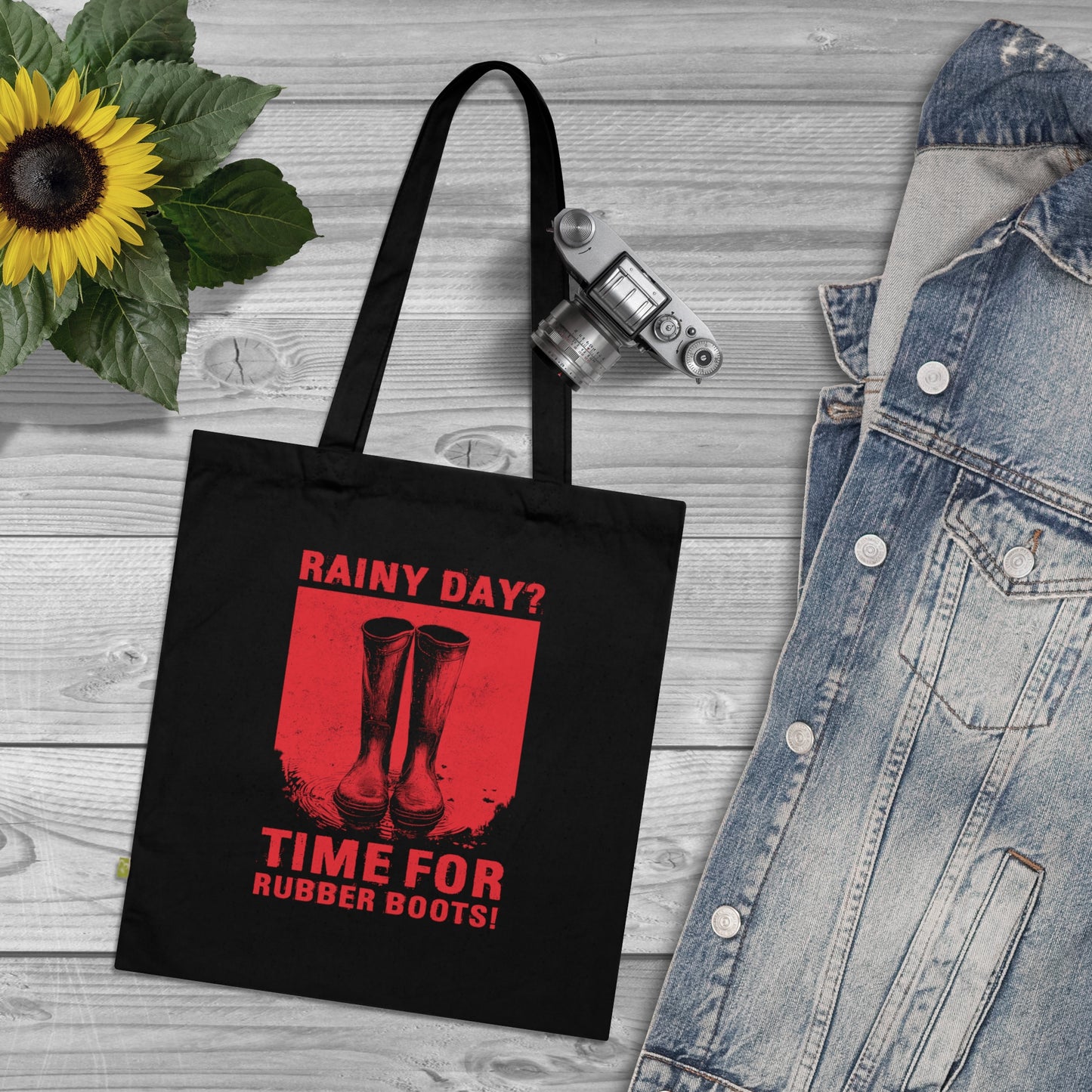Tote bag Rainy day - Time for rubber boots in red