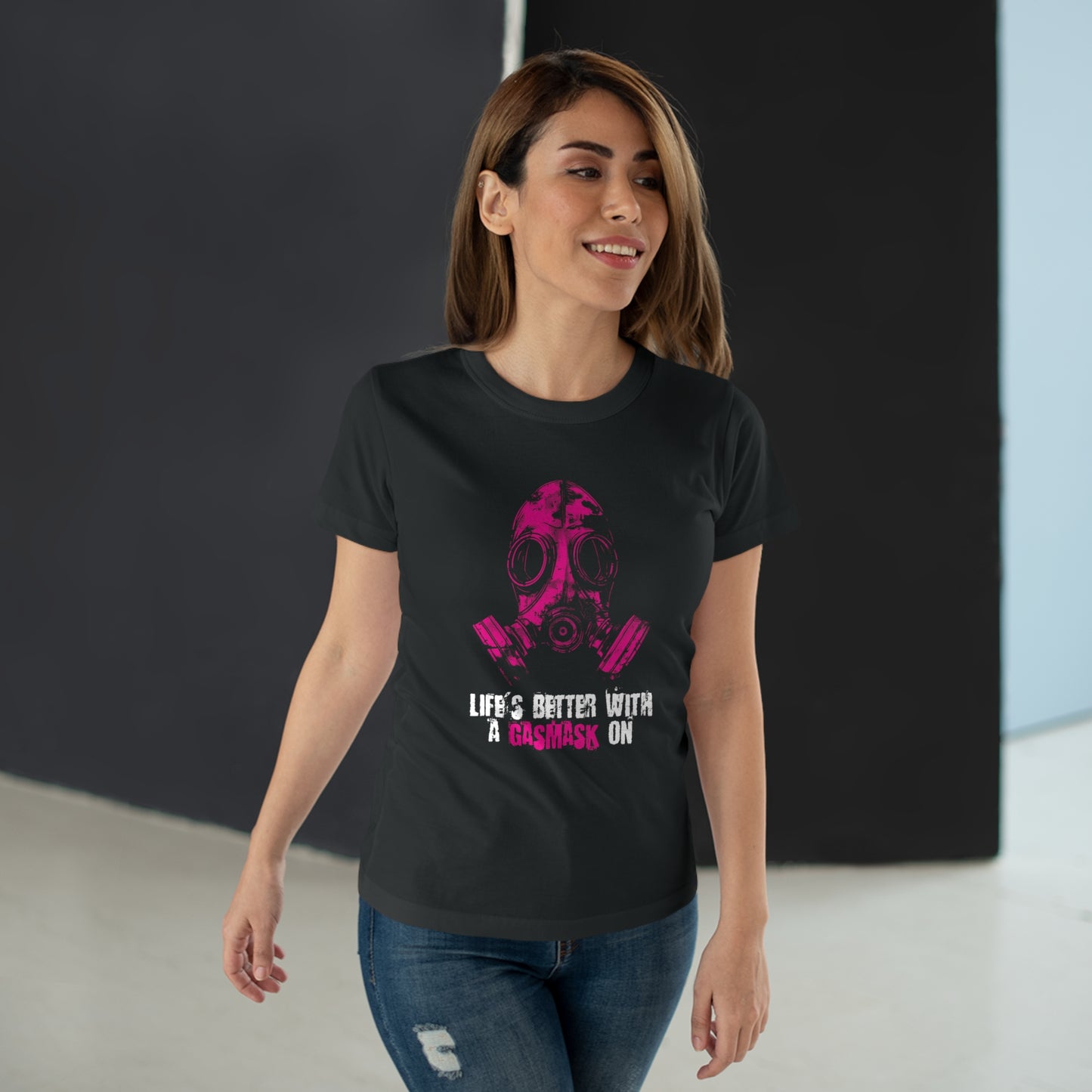 Women's t-shirt Life is better with a gasmask on in deep pink