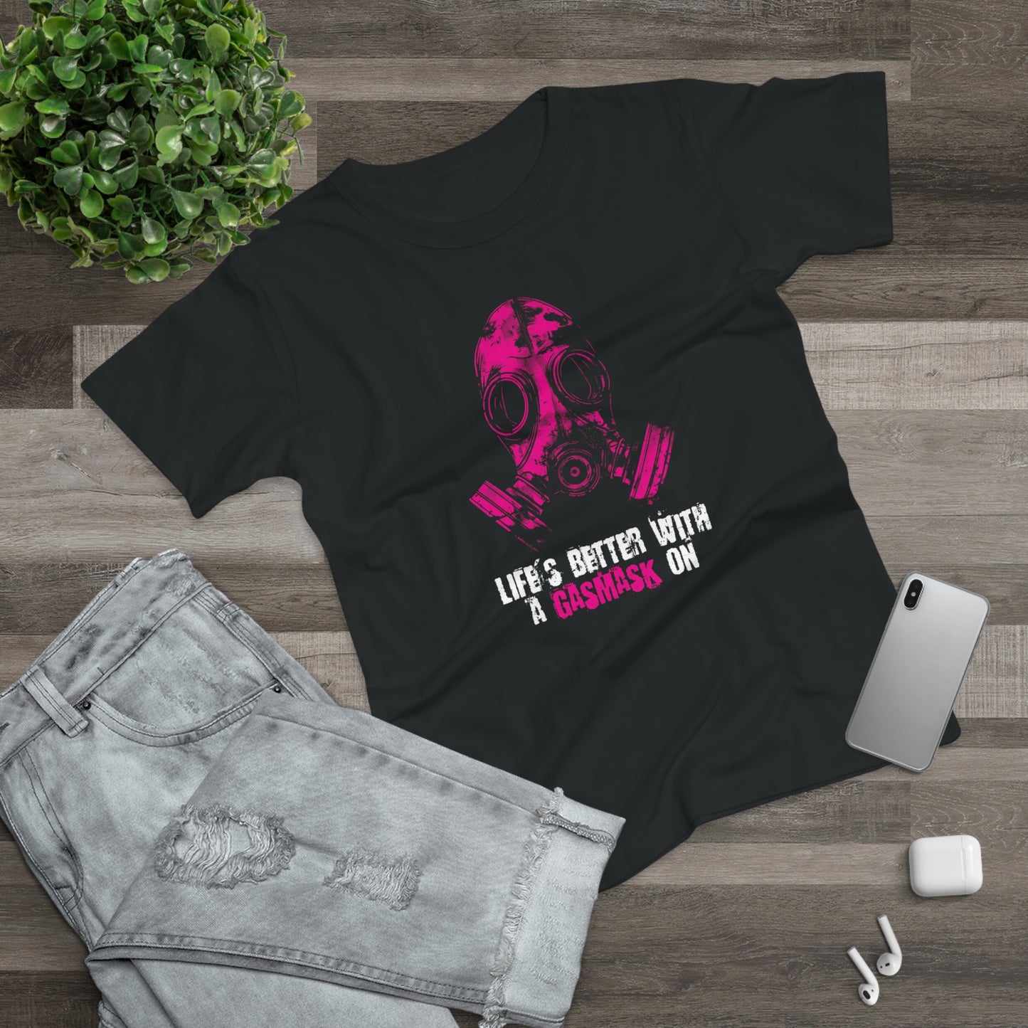 Women's t-shirt Life is better with a gasmask on in deep pink