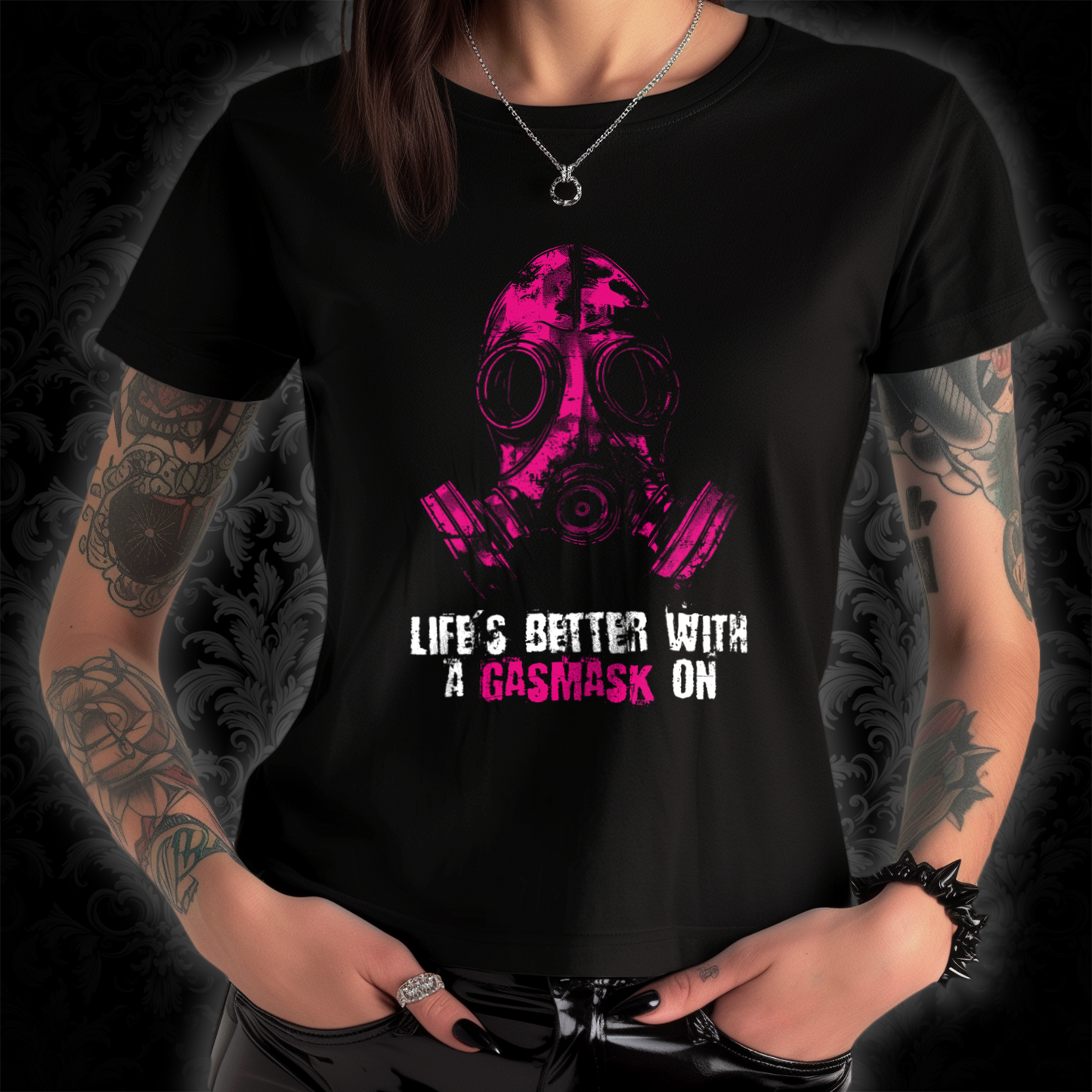 Women's t-shirt Life is better with a gasmask on in deep pink