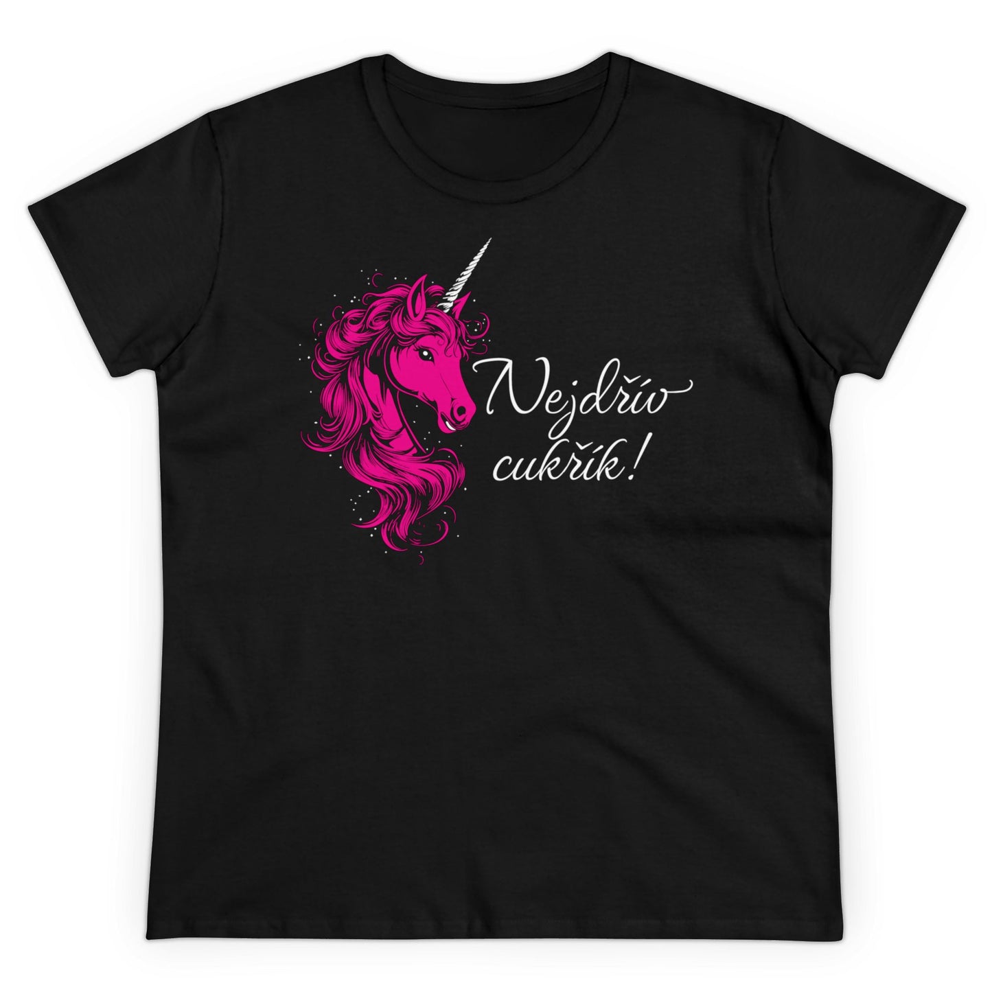 Women's t-shirt with a unicorn - First candy in hot pink