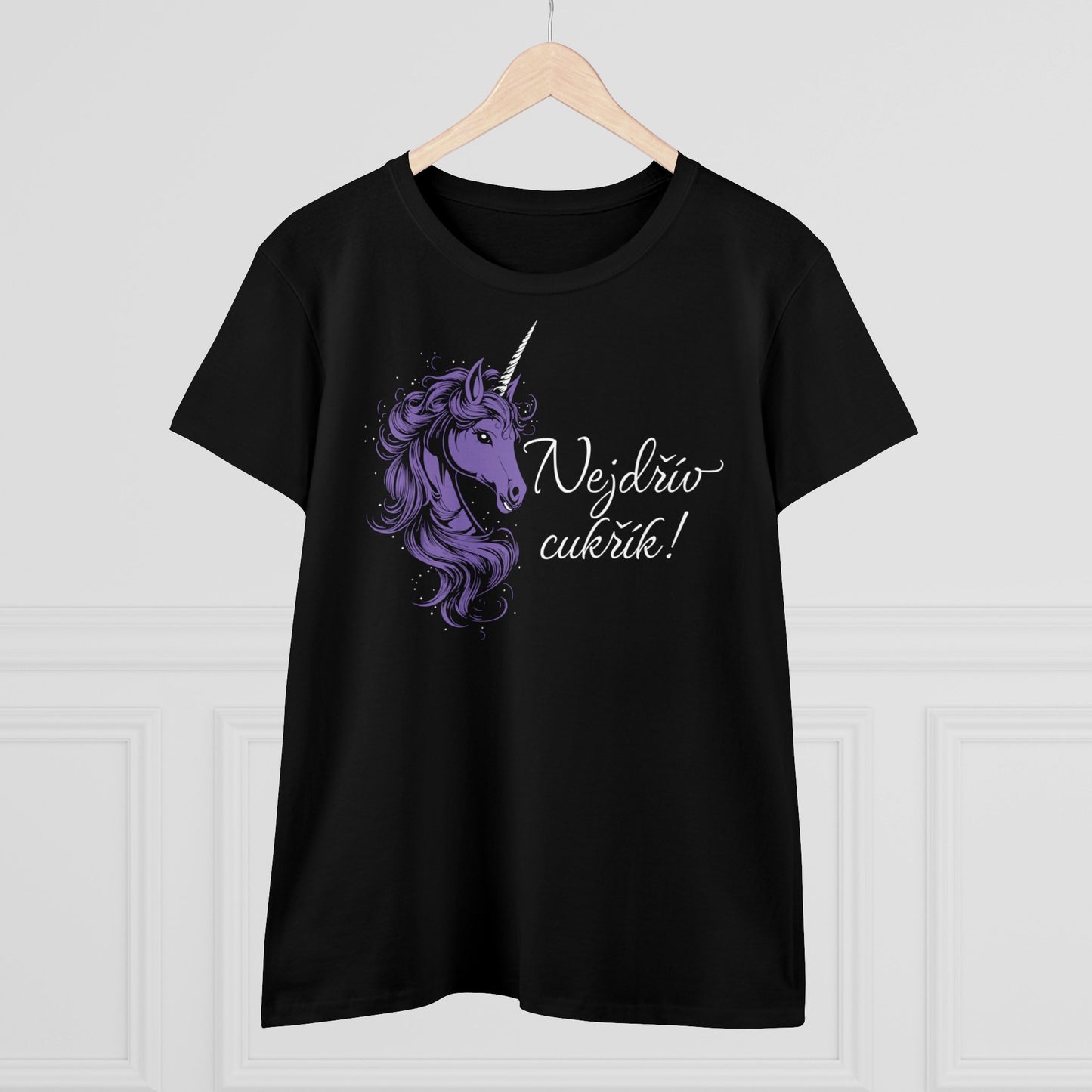 Women's t-shirt with a unicorn - First candy in purple