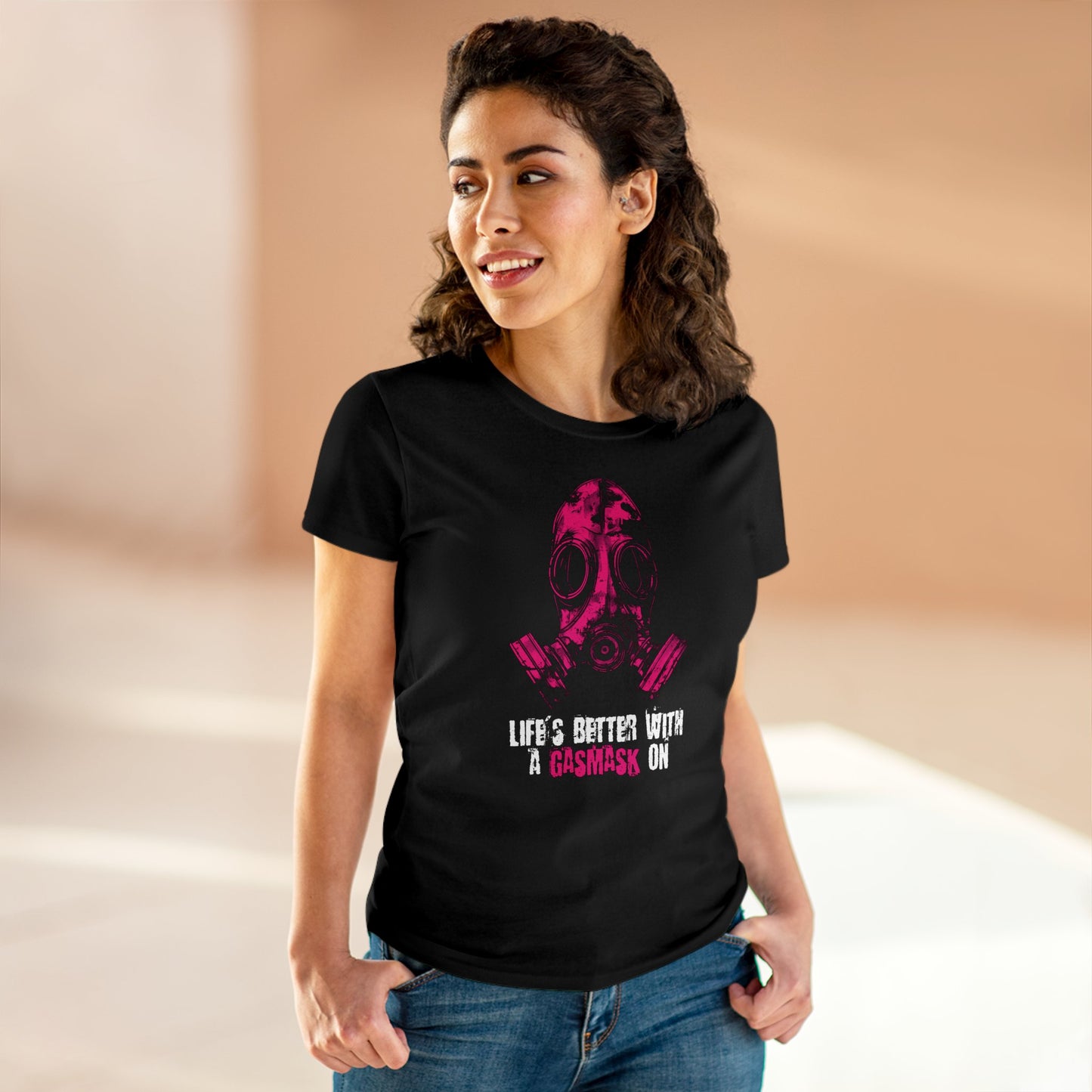 Women's t-shirt Life is better with a gasmask on in deep pink