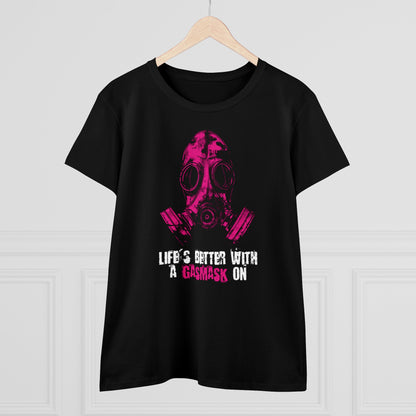 Women's t-shirt Life is better with a gasmask on in deep pink