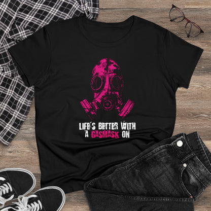 Women's t-shirt Life is better with a gasmask on in deep pink