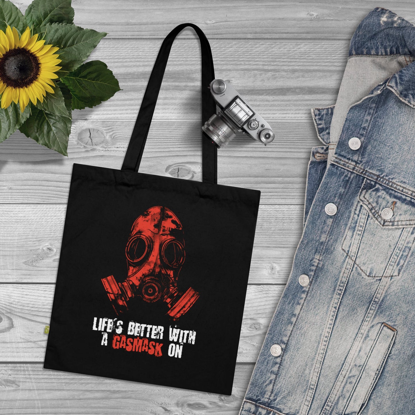 Canvas bag Life is better with a gasmask on in red