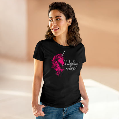 Women's t-shirt with a unicorn - First candy in hot pink