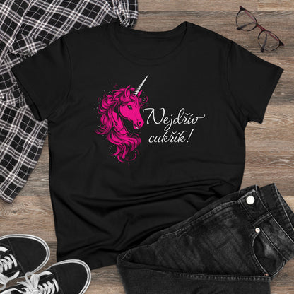 Women's t-shirt with a unicorn - First candy in hot pink