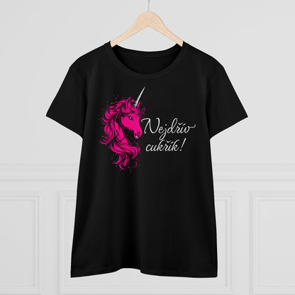 Women's t-shirt with a unicorn - First candy in hot pink