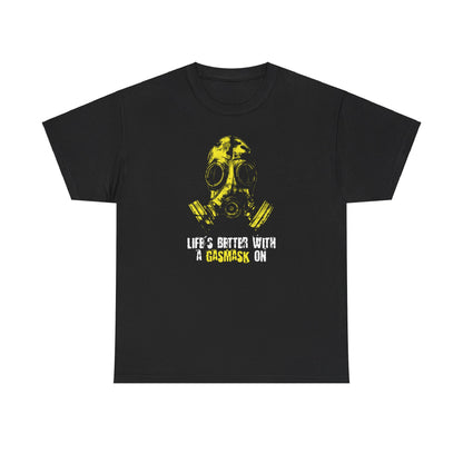 Unisex t-shirt - Life is better with a gasmask on in yellow