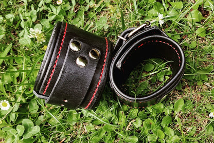 Leather handcuffs LUX red stitched