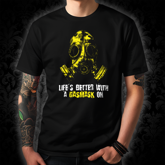 Unisex t-shirt - Life is better with a gasmask on in yellow