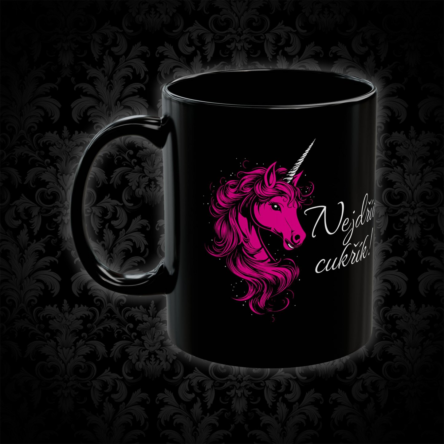 Mug with a unicorn - First a candy in deep pink