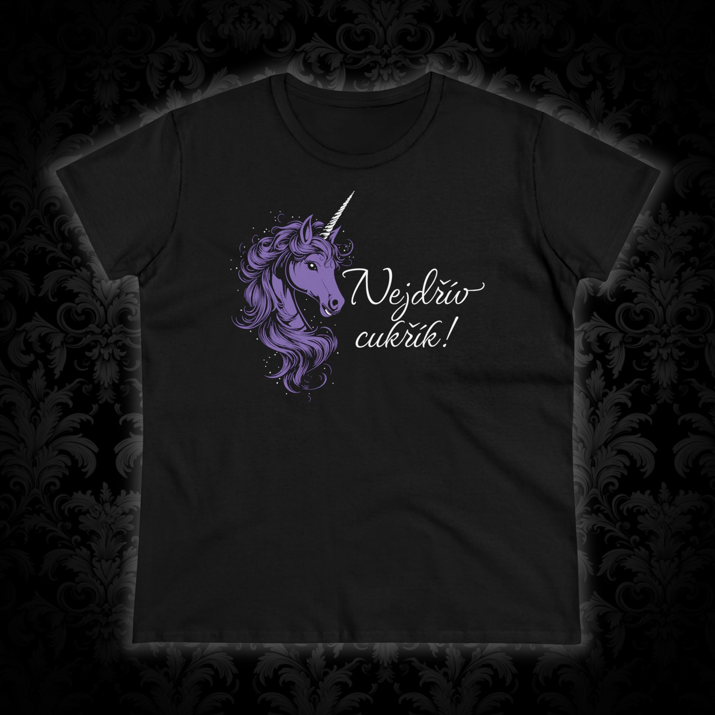 Women's t-shirt with a unicorn - First candy in purple