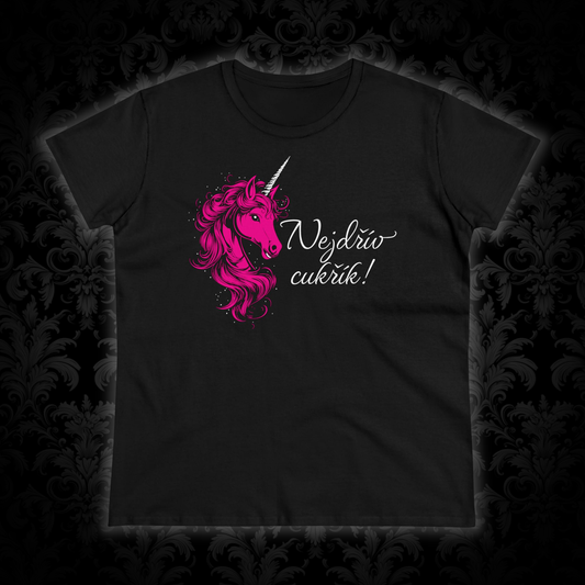 Women's t-shirt with a unicorn - First candy in hot pink