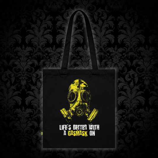 Canvas bag Life is better with a gasmask on in yellow